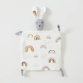Rainbow pattern cotton gauze baby comforter with grey bunny head and knotted corners - Grey Rainbow (Floral Rabbit)