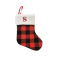 Buffalo plaid Christmas stocking with white faux fur trim and red embroidered letter S - Letter S