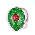 Leaf-shaped green leather coin purse with a 3D red ladybug and a brown wrist strap - Leaf Ladybug (Green)