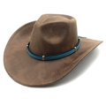 Close-up of brown faux suede western cowboy hat with blue and black leather trim band - M(56-58cm) / Striped Khaki