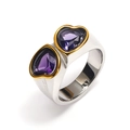 Detailed close-up of double purple heart gemstones with gold and silver metallic ring band - Silver/Gold Edged (Purple Heart)