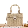Beige woven box bag with golden chain strap and top handle for casual beach vacations - Beige