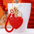 Red rhinestone heart keychain with gold Cai character and braided loop for car keys - Red Fortune Rope + Red Heart