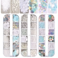 Détails macro de paillettes flocons de neige blanches irisées pour maquillage de Noël - Ensemble de paillettes flocons de neige de Noël D / 12 Grilles