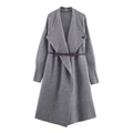 Elegant grey knit coat with lapel collar and brown belt accessory for casual fashion style - S / Gray