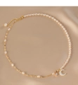 Rice-shaped freshwater pearl necklace with crescent moon pendant in gold finish - Crescent Pendant Pearl Chain Necklace (U-d-018)