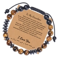 Detail of 8mm tiger eye beads and matte stones on a Morse code bracelet with gift card - To My Grandson