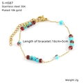 Detail view of colorful beads and 18k gold-plated 304 stainless steel chain bracelet - Gold Colorful Round Bead Style (S-H587)
