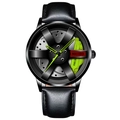 Men's car wheel hub quartz watch with black leather strap and neon green accents - Leather Strap / Green