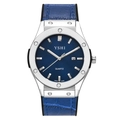 Reloj clásico de metal plateado con correa de cuero azul y esfera con pedrería azul - Esfera Azul Correa de Cuero Azul / Azul