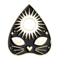 Gothic heart-shaped cat enamel pin with mystical sun and moon patterns in black and gold - Black Cat Planchette