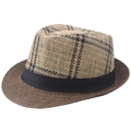 Classic straw fedora hat featuring beige and black woven patterns with a dark brown brim - M (56-58cm) / Coffee