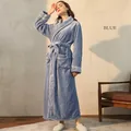 Thick navy blue coral fleece long bathrobe for men and women with white piping details - Sea Blue (Female)