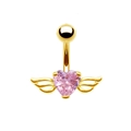 Piercing de nombril doré avec cœur en zircon rose et ailes d'ange sur fond blanc - Or Zircon Rose