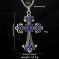 Hip hop stainless steel cross necklace with blue gemstones on black background - Silver/Blue Rhinestone