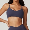 Navy blue strappy sports bra and cross-waist high-rise leggings for fitness workouts - S / Blue Gray