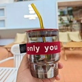 Bamboo style glass coffee cup with red sleeve and yellow straw in a cafe setting - Short Cup with Red Fabric Sleeve (Only You)