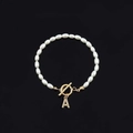 Elegant white rice pearl bracelet with gold OT clasp and rhinestone letter A charm - Gold Letter A (SL2013)
