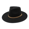 Classic black wool felt fedora hat with brown leather belt buckle and wide flat brim - M (56-58cm) / Black