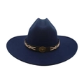 Dark blue wide brim wool fedora hat with brown leather band and bull head badge - Navy Blue