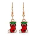 Close-up of festive red and green Christmas stocking earrings with golden metal finish - Boots #22