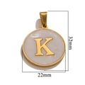 Gold stainless steel letter K pendant with shell inlay, dimensions 22mm by 32mm - Gold K