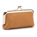 Mini tan genuine leather coin purse with lychee texture and gold metal clasp frame - Khaki/Earth Yellow