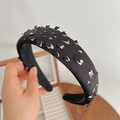 Elegant black sponge headband with white hollow heart patterns for women - Black