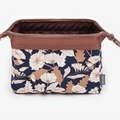 Floral flamingo organizer bag in navy blue with white flower print and brown trim - Coffee Leaf