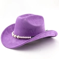 Detailed view of purple suede cowboy hat with white pearl decorative band and wide brim - M (56-58cm) / Taro Purple