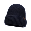 Dunkelblaue Strickmütze mit Rippenmuster und braunem Lederpatch mit Schneeflocke - Einheitsgröße / Marineblau