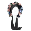 Floral satin sleep bonnet with long black tie straps for adjustable hair protection - Black Banana Leaf