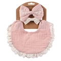 Pink cotton muslin baby bib and lace headband set displayed on cardboard packaging - Light Pink