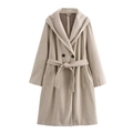 Classic oatmeal hooded wool coat for women with double-breasted buttons and waist belt - S / Khaki