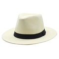 Detail of classic straw fedora with fine texture and black grosgrain ribbon trim - M (56-58cm) / Cream