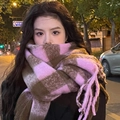 Pink and brown checkered mohair scarf with tassels for winter warmth in outdoor setting - Large Pink (Celebrity Style)