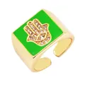 Adjustable gold copper ring with green enamel and Hamsa hand micro-paved with zircons - Neon Green - Hamsa Hand