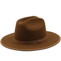 Classic dark brown wool felt fedora hat with wide flat brim and minimalist ribbon trim - M(56-58cm) / Coffee