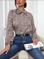 Dames blouse met lange mouwen, V-hals, bloemenprint in abrikoos en stijlvolle strik - S / Khaki