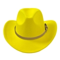 Detail of the bright yellow wool felt fedora featuring a light brown leather buckle strap - Adult 58cm One Size / Yellow