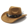 Brown faux suede western cowboy hat with silver bull head detail and leather band - M (56-58cm) / Khaki