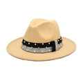 Κομψό μπεζ μάλλινο καπέλο fedora με διακοσμητική ταινία από στρας και πέρλες - M (56-58cm) / Μπεζ