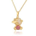 Gold necklace with cool bear pendant featuring white and pink cubic zirconia - D933-3 Rose Red Zircon Cap Bear