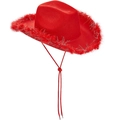 Chapeau de cow-boy en feutre rouge avec tinsel argenté, plumes et cordon ajustable - Chapeau de Cowboy Rouge Avec Fil d'Argent