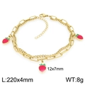 Gold double-layered stainless steel bracelet featuring three red strawberry charms - Mini Strawberry Style (KJ4499-ZG) / L:220mmx4mm/8g