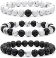 Elastic beaded bracelet set with 6mm black volcanic lava and white marble stones - White Turquoise & Lava Stone 3pcs Beaded Bracelet Set