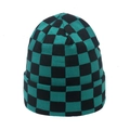 Gestrickte Beanie-Mütze mit grün-schwarzem Karomuster und Design mit umgeschlagenem Rand - M (56-58cm) / Blaugrün