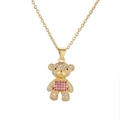 Golden bear necklace with pink and clear crystals on a delicate O-link chain - Rose Red