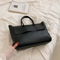 Minimalist black large capacity tote bag with flap closure and soft leather texture - Black