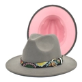 Two-tone wool fedora hat in gray and pink with snakeskin texture buckled band - Light Grey and Pink